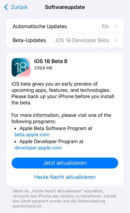 昌化镇苹果手机维修分享苹果 iOS / iPadOS 18 开发者预览版 Beta 8 发布 